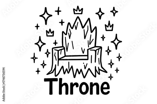 Icy Starry Throne. Doodle icy throne with stars, crowns, and sparkles, center word “Throne” in black and white isolated