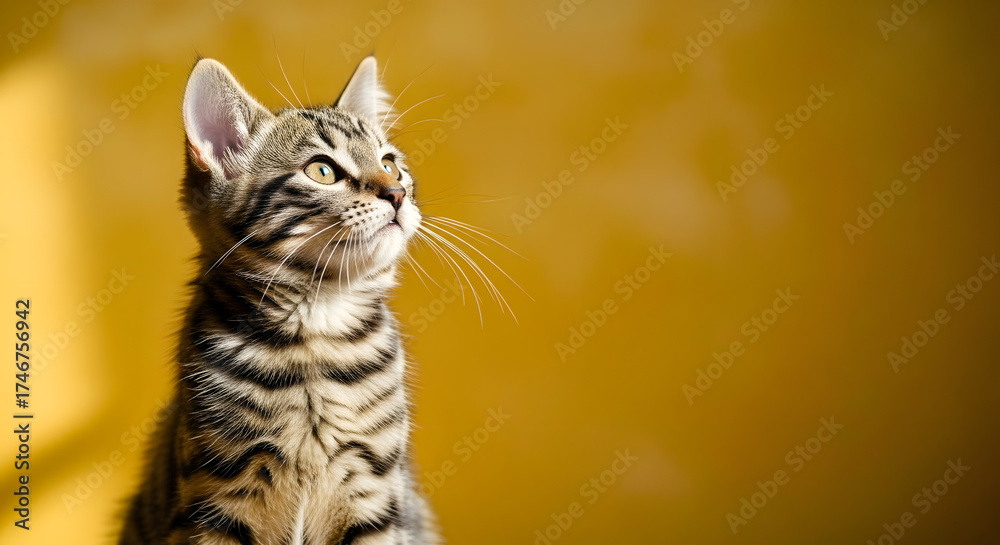 Fototapeta premium Cute banner with cat looking up on yellow background