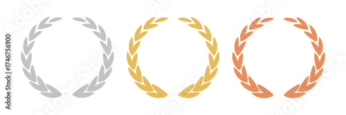 Set of gold, silver, and bronze laurel wreath icons in a flat design, symbolizing victory and achievement. Collection of first, second, and third place awards