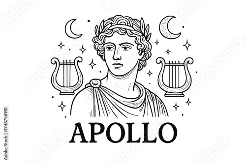 Apollo with Moons and Lyres. Hand-drawn apollo with moons, lyres, and sparkles, center word “Apollo” in black and white isolated