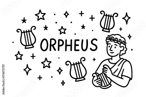 Orpheus Doodle Design. Doodle orpheus with stars, lyres, and sparkles, center word “Orpheus” in black and white isolated