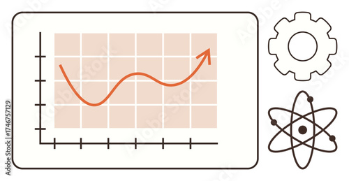 Upward trend graph on grid background, gear symbolizing engineering, atom for science. Ideal for data analysis, progress, innovation, research, education business growth scientific development. A