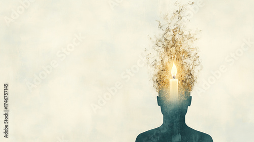 An ethereal figure with a candle atop their head, symbolizing enlightenment and inspiration amidst a soft, cloudy backdrop