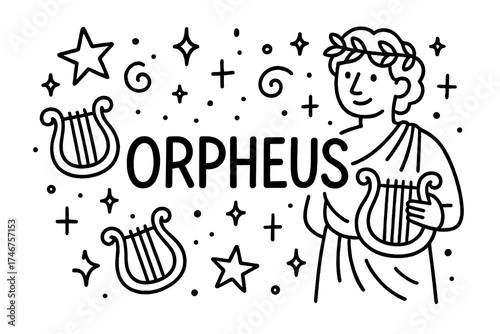 Orpheus Doodle Design. Doodle orpheus with stars, lyres, and sparkles, center word “Orpheus” in black and white isolated