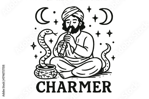 Charmer with Flute. Hand-drawn snake charmer with moons, flutes, and sparkles, center word “Charmer” in black and white isolated