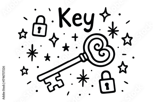 Enchanted Key Doodle. Doodle enchanted key with stars, locks, and sparkles, center word “Key” in black and white isolated