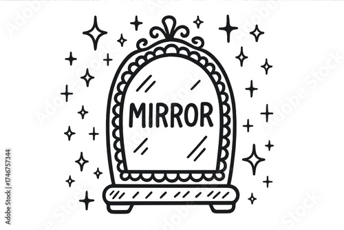 Doodle Mirror of Truth. Doodle mirror of truth with stars, sparkles, and frames, center word “Mirror” in black and white isolated