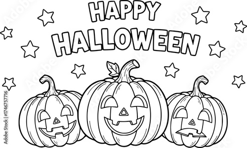 Happy halloween coloring page with three carved pumpkins and stars for kids

