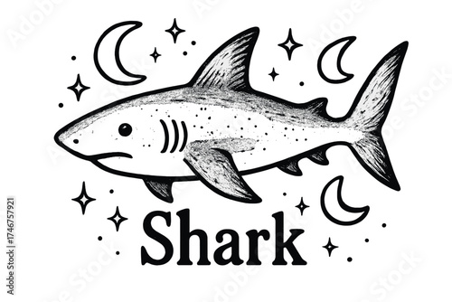 Cosmic Shark Design. Hand-drawn shark with moons, fins, and sparkles, center word “Shark” in black and white isolated transparent