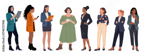 Flat vector illustration of diverse business women standing together in modern professional outfits. Stylish team concept representing empowerment, leadership, and workplace diversity