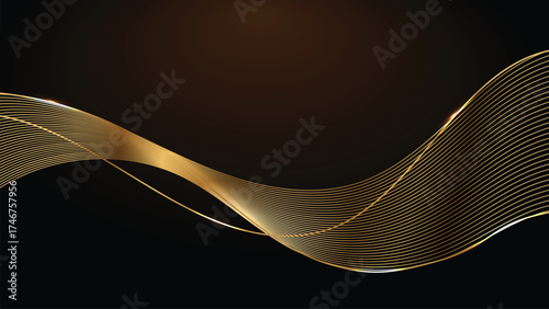 Golden wavy lines gracefully flow across dark background, creating elegant and luxurious abstract design. shimmering curves add sense of movement and sophistication to composition