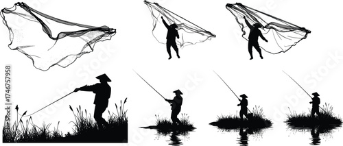 Fishing silhouettes with nets and rods, traditional fishermen casting, recreational angling, outdoor lifestyle, riverbank fishing vector illustration design