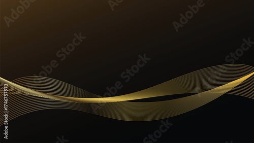 Golden wavy lines gracefully curve across dark background, creating elegant and modern abstract design. shimmering gold contrasts beautifully with deep black, adding sense of luxury