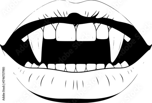 Illustration of Close up of Vampire Fangs and Mouth in Black and White
