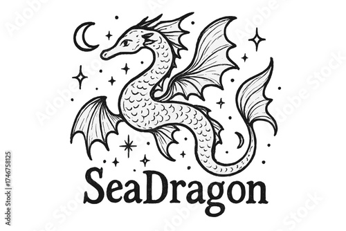 Mystical Sea Dragon. Hand-drawn sea dragon with moons, fins, and sparkles, center word “SeaDragon” in black and white isolated