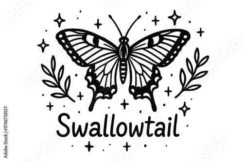 Whimsical Swallowtail Design. Doodle swallowtail butterfly with stars, leaves, and sparkles, center word “Swallowtail” in black