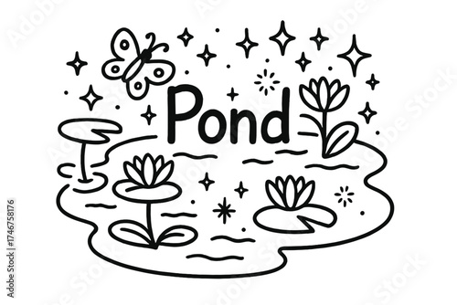 Butterfly Pond Doodle. Doodle butterfly pond with stars, lilies, and sparkles, center word “Pond” in black and white isolated