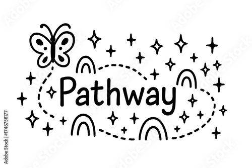 Butterfly Pathway Illustration. Doodle butterfly pathway with stars, arches, and sparkles, center word “Pathway” in black and