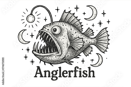 Mystical Anglerfish Art. Hand-drawn deep sea anglerfish with moons, sparks, and sparkles, center word “Anglerfish” in black and