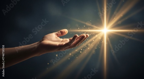 Hope and Healing: Hand Reaching for Ethereal Light Cross Silhouette in Dark, Moody Background	