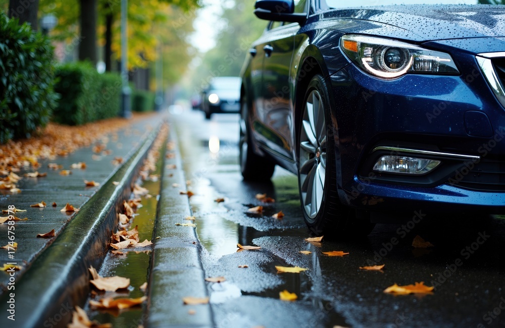Fototapeta premium Close-up of a modern blue car parked on a wet street with fallen autumn leaves and a blurred background