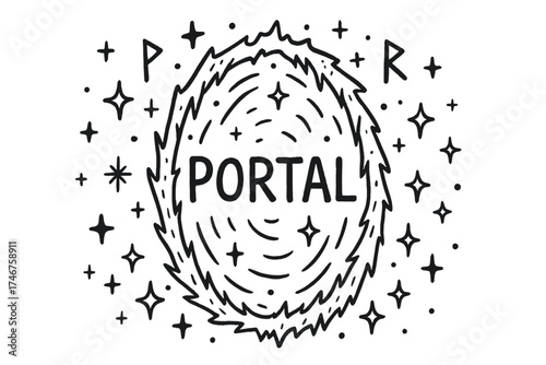 Frosty Portal Design. Doodle frosty portal with stars, runes, and sparkles, center word “Portal” in black and white isolated