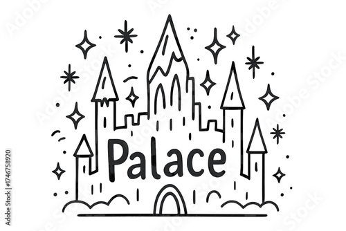 Doodle Ice Palace. Doodle ice palace with stars, towers, and sparkles, center word “Palace” in black and white isolated