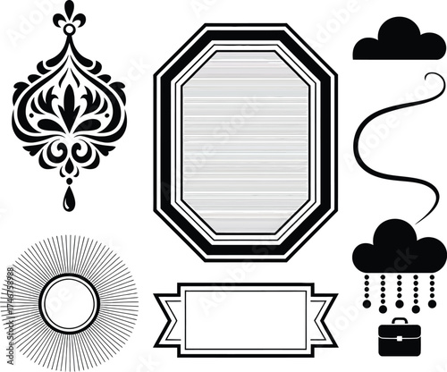 Vector design elements collection featuring ornament cloud sunburst and frames