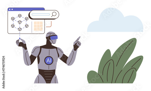 AI robot with VR headset interacting with digital interface displaying graphs and network nodes. Ideal for technology, artificial intelligence, innovation, machine learning, robotics, data analysis