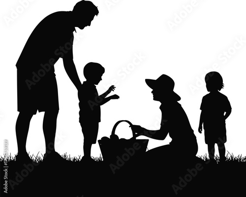 Silhouette family picnic outdoors parents children basket nature together vector