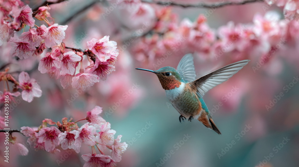 Fototapeta premium Cute hummingbird flying among colorful blossoms creates serene and vibrant scene, showcasing nature beauty and delicate balance of life