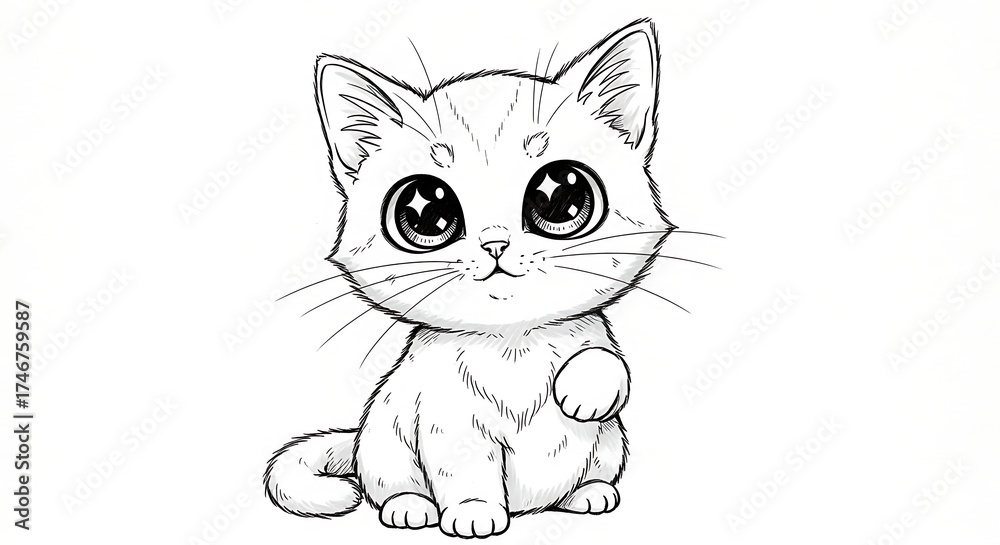 Fototapeta premium Adorable Line Art Depiction of a Kitten with Large Eyes Sitting Comfortably on a White Background.