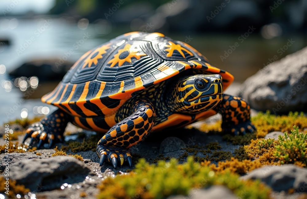 Obraz premium Colorful turtle with intricate black and orange patterns on rocky terrain near water