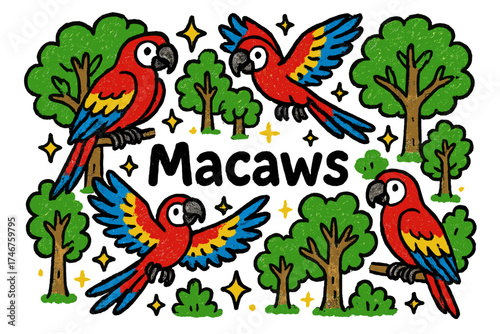 Vibrant Macaws Display. Colorful doodle macaws in vivid red, yellow, and blue wings among bright green trees, glowing sparkles,