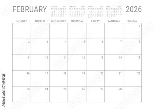 February Calendar 2026 Monthly Planner Printable A4 Monday Start	