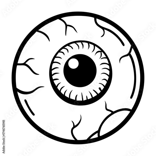 Graphic illustration of an eyeball with veins in black and white for Halloween  