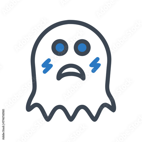 Cartoon ghost character with sad expression and blue highlights for Halloween  