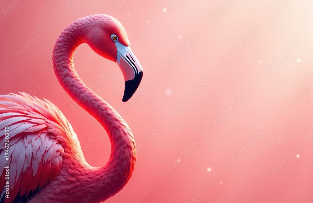 Fototapeta premium A pink flamingo standing gracefully against a soft pink background with subtle light bokeh effects