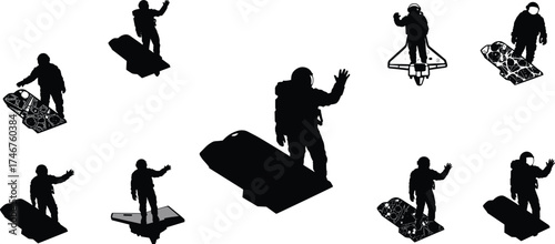 Futuristic hoverboard silhouettes of people flying on personal air mobility devices, modern transportation concept, extreme sport lifestyle vector illustration design