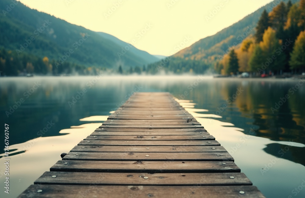 Obraz premium A wooden dock extends into a calm lake surrounded by forested mountains under a soft, misty sky