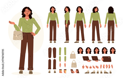 Young fashionable woman wearing stylish clothes and holding bag. Character constructor for animation. Front, side and back view set. Body parts, postures, poses collection. Vector illustration.