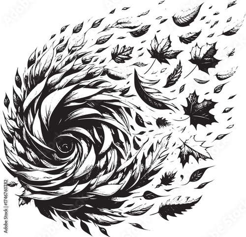 Dynamic swirling vortex of leaves in elegant monochrome, perfect for nature-inspired designs and autumn themes, a timeless and captivating artwork
