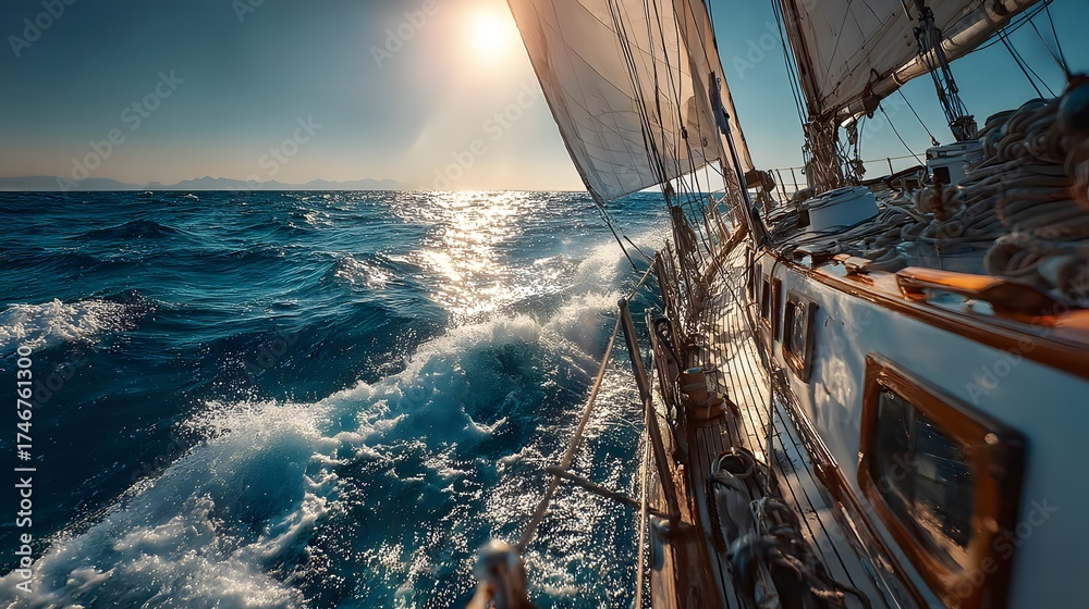 Obraz premium View from a sailboat deck as it cuts through a deep blue ocean. The white sail is full of wind under a bright sun, creating a feeling of freedom.