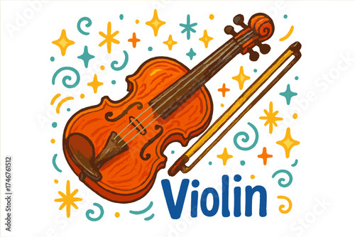 Colorful Violin Doodle. Colorful doodle violin in deep orange wood with golden bow, sparkles floating, center word “Violin”,