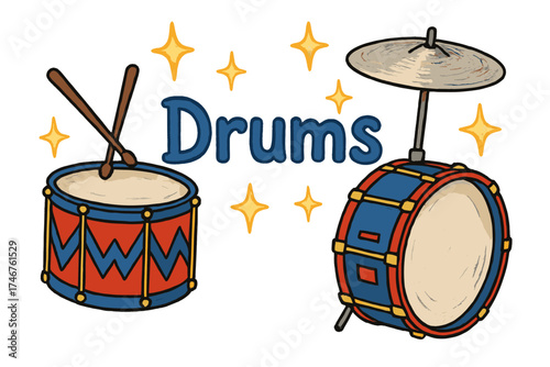 Colorful Doodle Drums. Colorful doodle drums in red and blue with silver cymbals, glowing stars, center word “Drums”, isolated