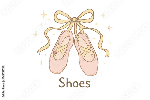 Elegant Ballet Shoes. Hand-drawn ballet shoes in soft pink with golden ribbons, glowing sparkles, center word “Shoes”, isolated