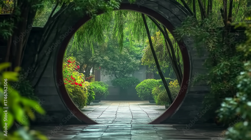 Obraz premium A winding stone path surrounded by vibrant foliage, perfect for a peaceful stroll in a botanical paradise