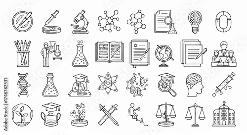 PrintScience and Education Line Icons Set: Research, Study, and Laboratory Equipment