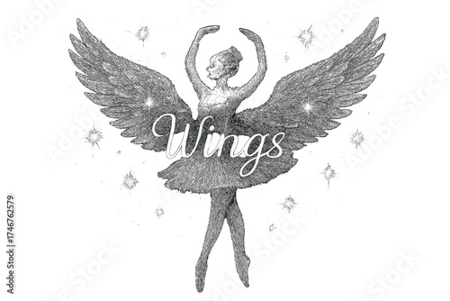 Enchanted Ballerina Wings. Hand-drawn ballerina wings in white and silver with glowing stars, center word “Wings”, isolated