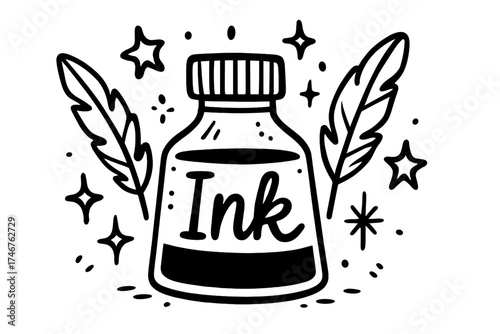 Ink Bottle Doodle. Doodle printing ink bottle with stars, quills, and sparkles, center word “Ink” in black and white isolated